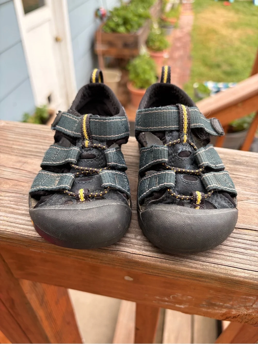 Kids Keen Blue Waterproof Closed-Toe Outdoor Sandals with Yellow Accents